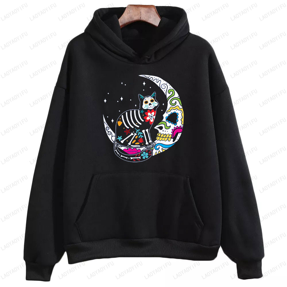 Men'S Fashion For 70 Year Old - Sweat-shirt squelette chat et crâne lune
