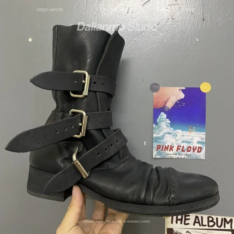 Men Fashion Vintage - Bottes de moto en cuir véritable