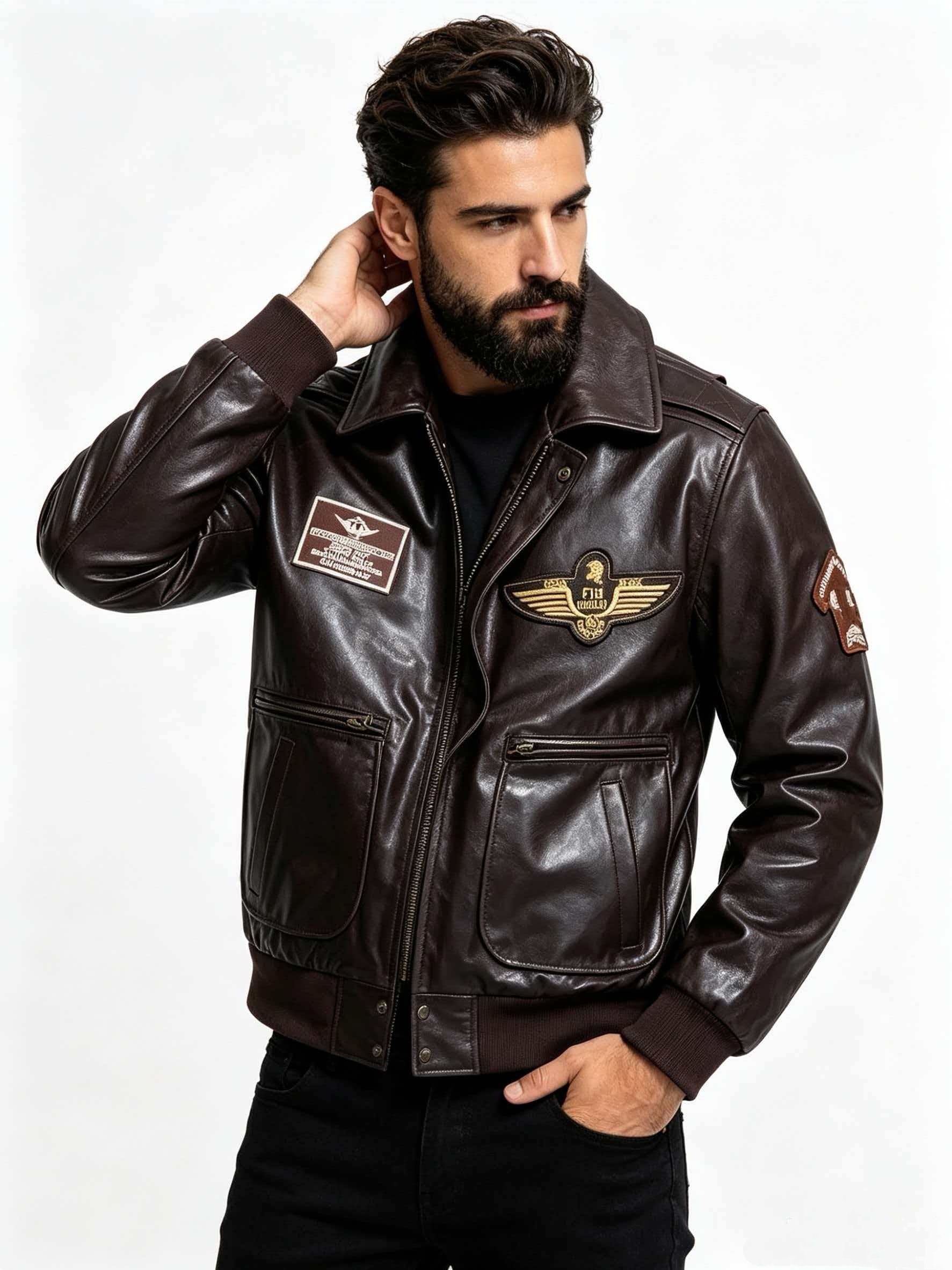 Men'S Fashion Leather Jacket - Blouson militaire en cuir véritable pour