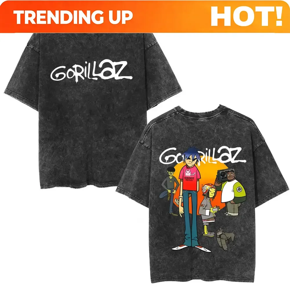 Men'S Fashion Oversized T Shirt - T-shirt personnalisé vintage lavé Gorillaz, imprimé