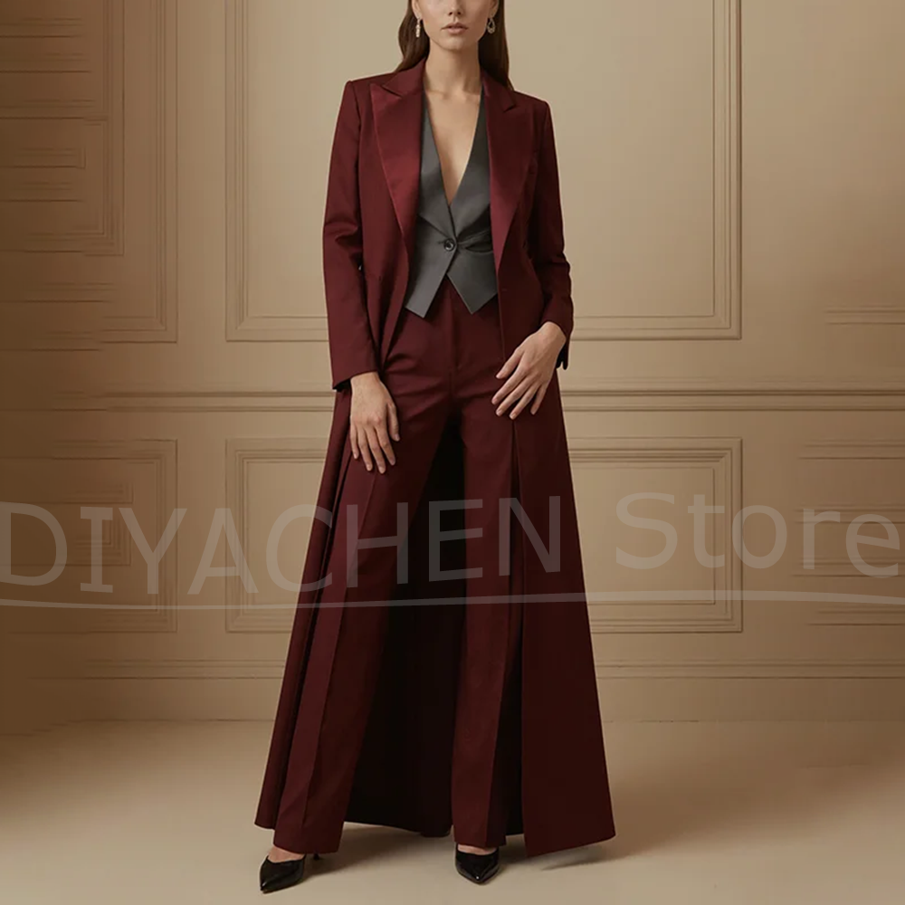 Formal Waistcoat Vest - Ensemble tailleur femme bordeaux avec manteau