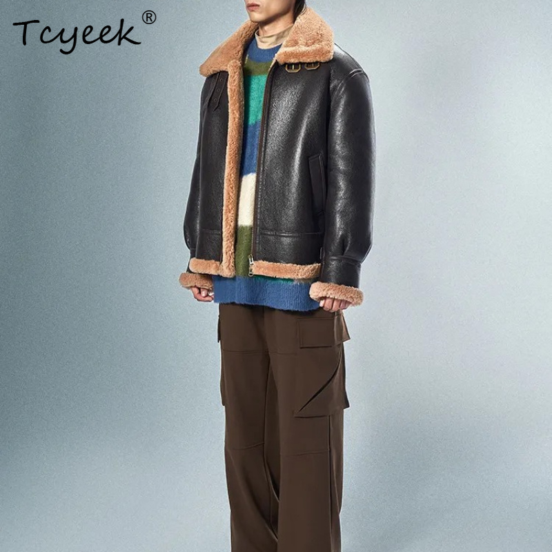 Men'S Fashion Leather Jacket - Manteau en fourrure de mouton mérinos